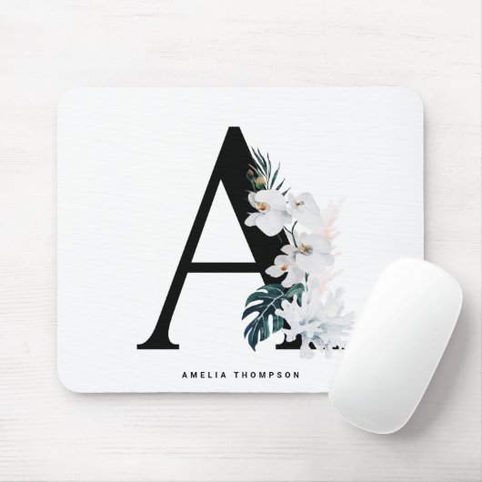 Boho White Orchids Tropical Letter A Monogram Muismat (Met muis)