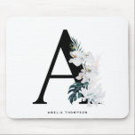 Boho White Orchids Tropical Letter A Monogram Muismat<br><div class="desc">Voeg een boho en een tropisch accent toe aan je ruimte met dit tropische monogram mousepad. Het bevat witte waterverf bloemen,  witte koraal en tropische bladeren. Deze letter A monogram mousepad zal perfect zijn als cadeau.</div>