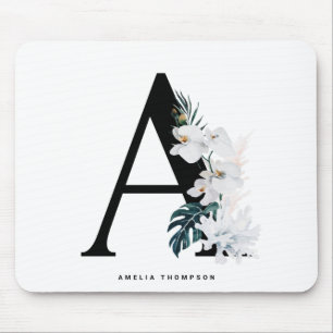 Boho White Orchids Tropical Letter A Monogram Muismat