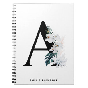 Boho White Orchids Tropical Letter A Monogram Notitieboek