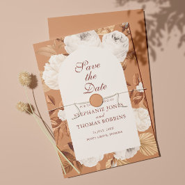Boho White Peonies Terracotta Save the Date Kaart