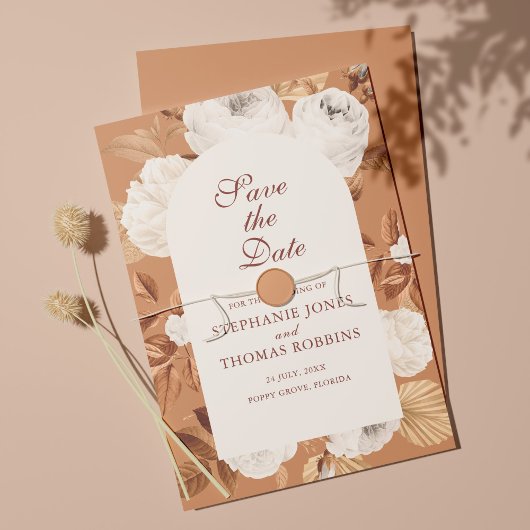 Boho White Peonies Terracotta Save the Date Kaart