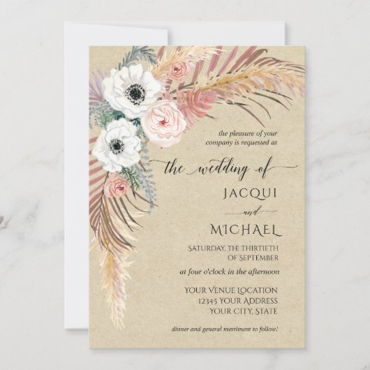 Boho White Pink Floral Pampas Grass Foliage Kraft Kaart (Voorkant)