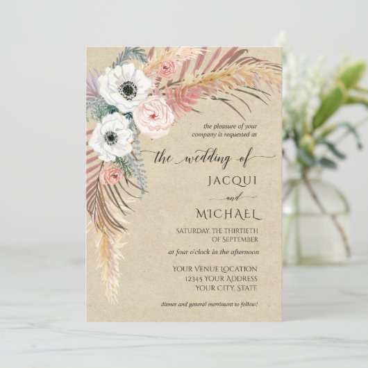 Boho White Pink Floral Pampas Grass Foliage Kraft Kaart (Staand voorkant)