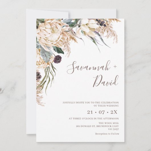 Boho White Protea Pampas Grass Wedding Invitation Kaart (Voorkant)