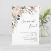 Boho White Protea Pampas Grass Wedding Invitation Kaart (Staand voorkant)