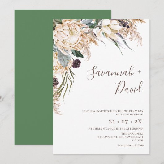 Boho White Protea Pampas Grass Wedding Invitation Kaart (Voorkant / Achterkant)