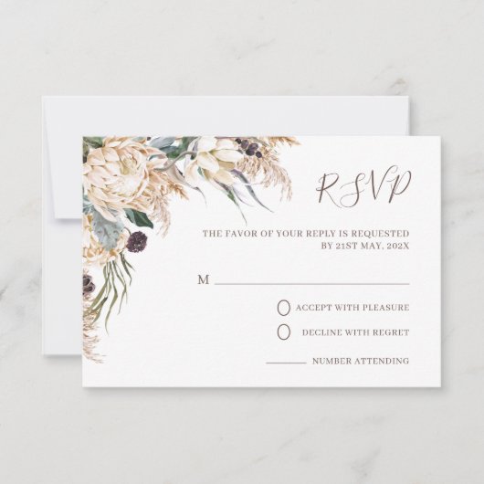 Boho White Protea Pampas Grass Wedding RSVP Card (Voorkant)