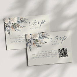 Boho White Rose Bloemen QR Code Huwelijk RSVP Kaar