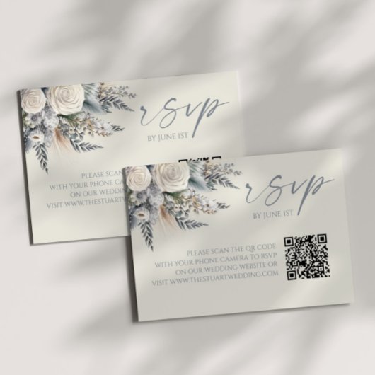 Boho White Rose Bloemen QR Code Huwelijk RSVP Kaar Kaartje