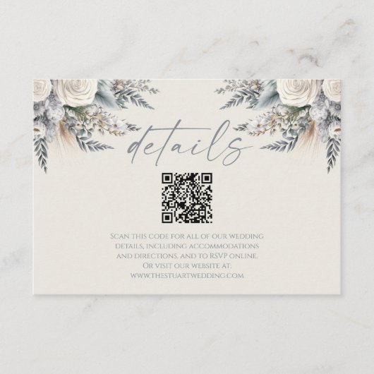 Boho White Rose Bloemen QR Code Trouwdetails Informatiekaartje (Voorkant)