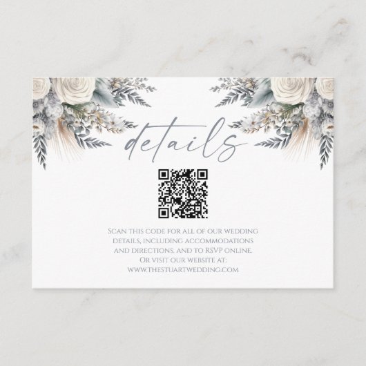 Boho White Rose Bloemen QR Code Trouwdetails Informatiekaartje (Voorkant)