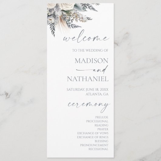 Boho White Rose Bloemen Tuin Tuin Huwelijk Programmakaart (Voorkant)