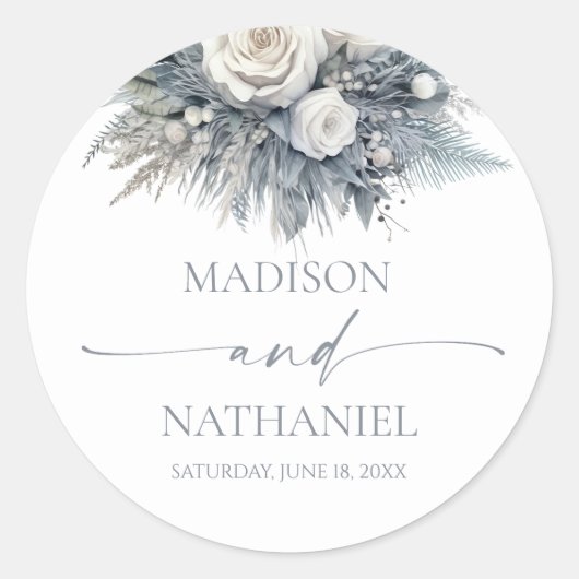 Boho White Rose Bloemen Tuin Tuin Huwelijk Ronde Sticker (Voorkant)