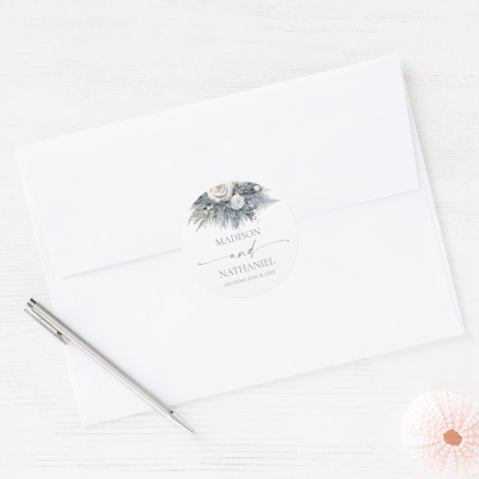 Boho White Rose Bloemen Tuin Tuin Huwelijk Ronde Sticker (Envelop)