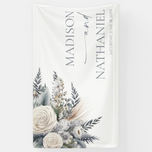Boho White Rose Bloemen Tuin Tuin Huwelijk Spandoek (Verticaal)