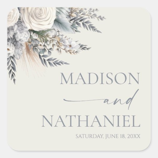 Boho White Rose Bloemen Tuin Tuin Huwelijk Vierkante Sticker (Voorkant)