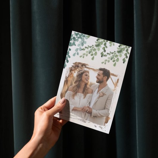 Boho White Rose Eucalyptus Gold Invite Kaart