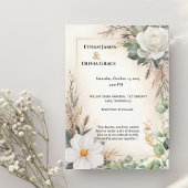 Boho White Rose Eucalyptus Gold Invite Kaart