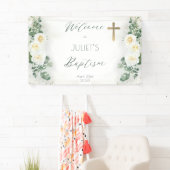 Boho White Rose Floral Eucalyptus Baptisme Welkom Spandoek (Insitu)