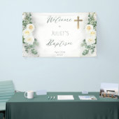Boho White Rose Floral Eucalyptus Baptisme Welkom Spandoek (Beurs)