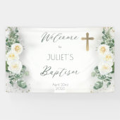 Boho White Rose Floral Eucalyptus Baptisme Welkom Spandoek (Horizontaal)