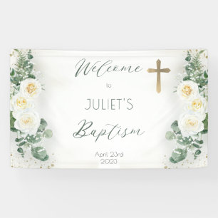 Boho White Rose Floral Eucalyptus Baptisme Welkom Spandoek