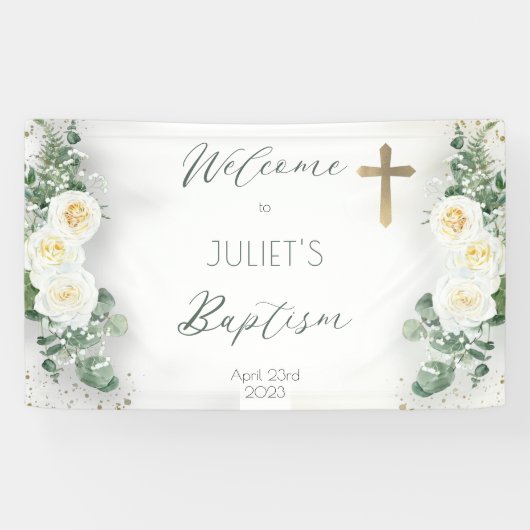 Boho White Rose Floral Eucalyptus Baptisme Welkom Spandoek (Horizontaal)
