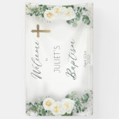 Boho White Rose Floral Eucalyptus Baptisme Welkom Spandoek (Verticaal)