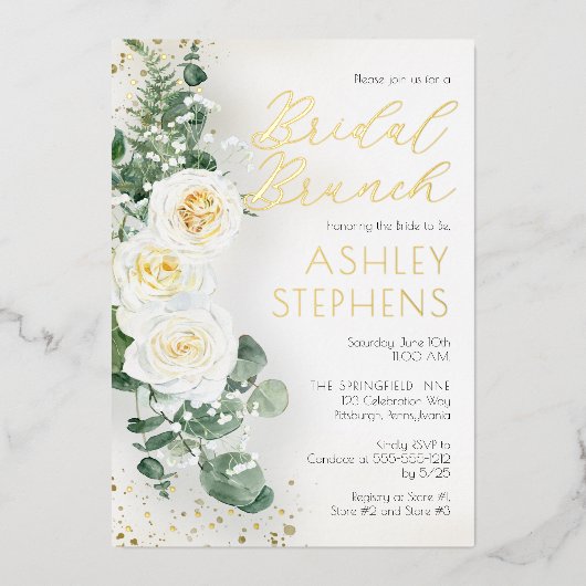Boho White Rose Floral | Eucalyptus Bridal Brunch Folie Uitnodiging (Voorkant)