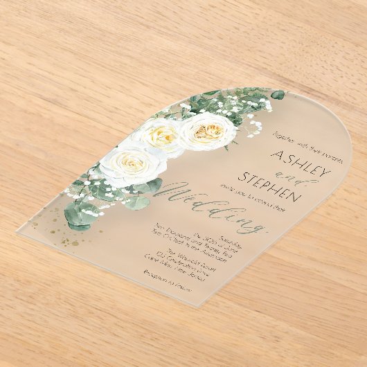 Boho White Rose Floral | Eucalyptus Weddenschap Acryl Uitnodigingen (Laagn)