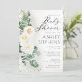 Boho White Rose Floral | EucalyptusBaby shower Kaart (Staand voorkant)