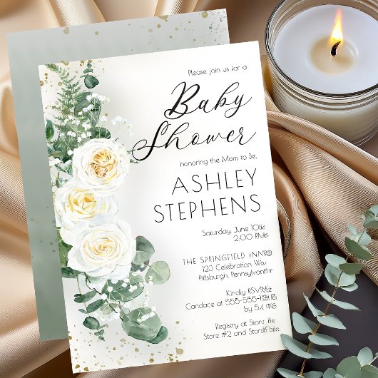 Boho White Rose Floral | EucalyptusBaby shower Kaart