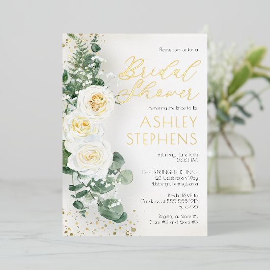 Boho White Rose Floral | EucalyptusVrijgezellenfee Folie Uitnodiging (Staand Voorkant)