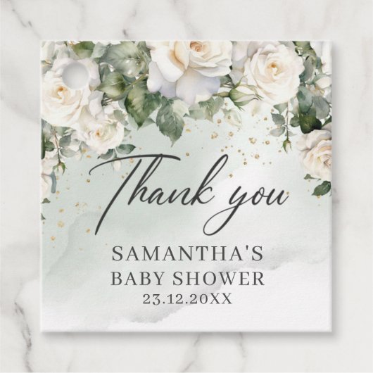 Boho White Roses Bloementuin groen baby shower Bedankjes Labels (Voorkant)