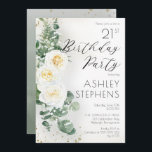 Boho White Roses Eucalyptus 21e verjaardag Kaart<br><div class="desc">Elegant en klassiek boho-chic white rose en eucalyptus floral "Birthday Party" scriptontwerp met donkergouden confetti en schaduwen. De achterzijde is voorzien van een groene achtergrond van de gradiëntgradiënt van de waterverf met groene en dunne donkerbruine confetti splatters.</div>