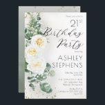 Boho White Roses Eucalyptus 21e verjaardag Kaart<br><div class="desc">Elegant en klassiek boho-chic white rose en eucalyptus floral "Birthday Party" scriptontwerp met donkergouden confetti en schaduwen. De achterzijde is voorzien van een groene achtergrond van de gradiëntgradiënt van de waterverf met groene en dunne donkerbruine confetti splatters.</div>