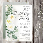 Boho White Roses Eucalyptus 90th Birthday Party Kaart<br><div class="desc">Elegant en klassiek boho-chic white rose en eucalyptus floral "Birthday Party" scriptontwerp met donkergouden confetti en schaduwen. De achterzijde is voorzien van een groene achtergrond van de gradiëntgradiënt van de waterverf met groene en dunne donkerbruine confetti splatters.</div>