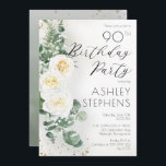 Boho White Roses Eucalyptus 90th Birthday Party Kaart<br><div class="desc">Elegant en klassiek boho-chic white rose en eucalyptus floral "Birthday Party" scriptontwerp met donkergouden confetti en schaduwen. De achterzijde is voorzien van een groene achtergrond van de gradiëntgradiënt van de waterverf met groene en dunne donkerbruine confetti splatters.</div>