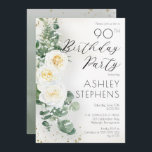 Boho White Roses Eucalyptus 90th Birthday Party Kaart<br><div class="desc">Elegant en klassiek boho-chic white rose en eucalyptus floral "Birthday Party" scriptontwerp met donkergouden confetti en schaduwen. De achterzijde is voorzien van een groene achtergrond van de gradiëntgradiënt van de waterverf met groene en dunne donkerbruine confetti splatters.</div>