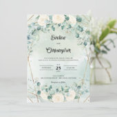 Boho white roses eucalyptus faux gold lijst kaart (Staand voorkant)