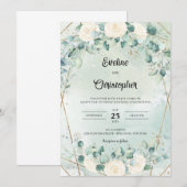 Boho white roses eucalyptus faux gold lijst kaart (Voorkant / Achterkant)