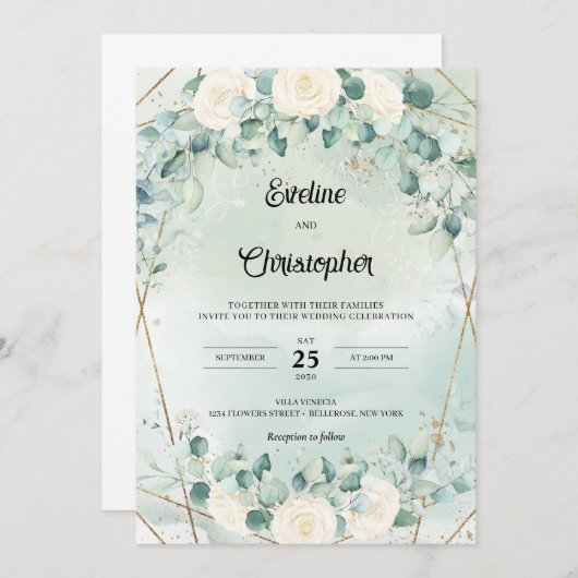 Boho white roses eucalyptus faux gold lijst kaart (Voorkant / Achterkant)