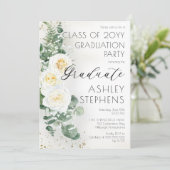 Boho White Roses Eucalyptus Graduation Party Kaart (Staand voorkant)