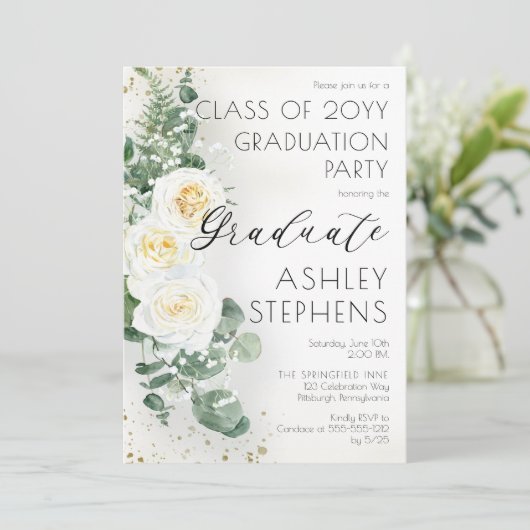 Boho White Roses Eucalyptus Graduation Party Kaart (Staand voorkant)