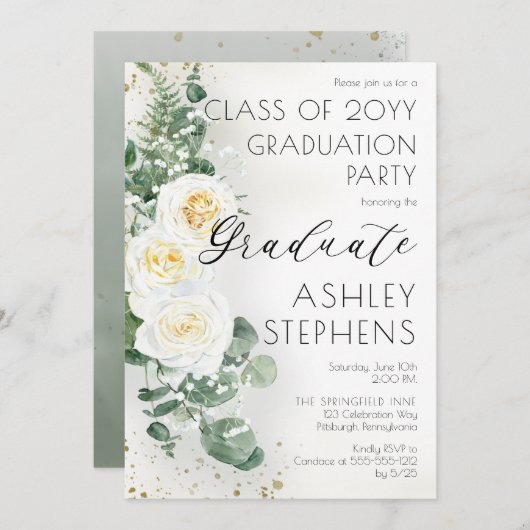 Boho White Roses Eucalyptus Graduation Party Kaart (Voorkant / Achterkant)