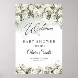 Boho White Roses Floral Garden Baby shower welkom Poster