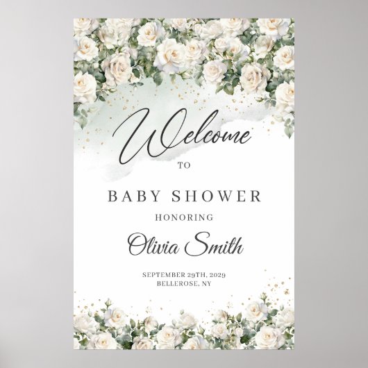 Boho White Roses Floral Garden Baby shower welkom Poster (Voorkant)