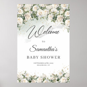 Boho White Roses Floral Garden Baby shower welkom Poster