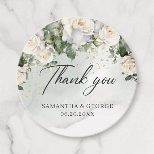 Boho White Roses groen en gouden bruiloft Bedankjes Labels (Voorkant)